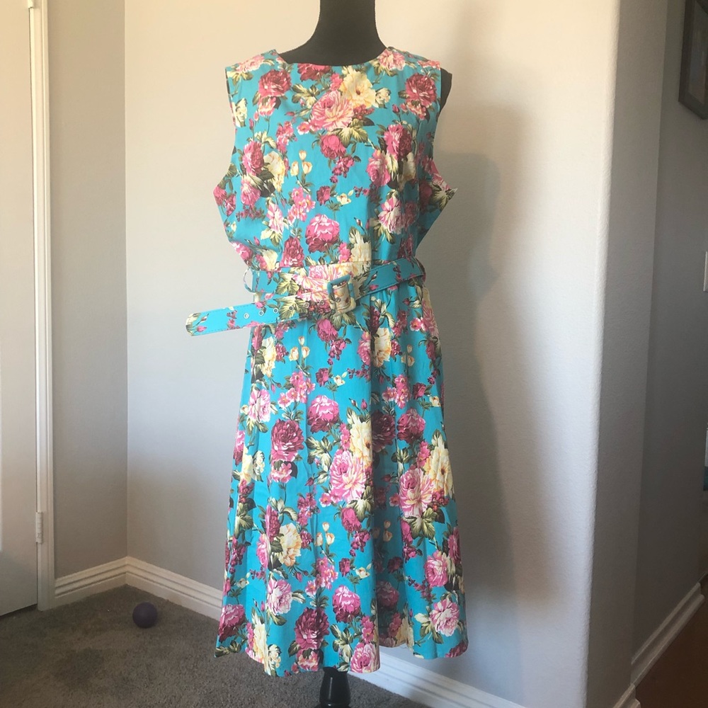 Blue floral dress with belt
